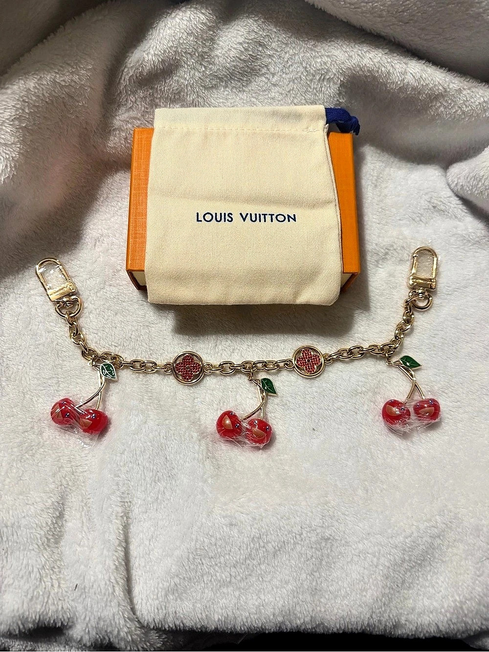 Fashion Bag Chain/Charm Gold-Tone & Red Cherries & Flowers